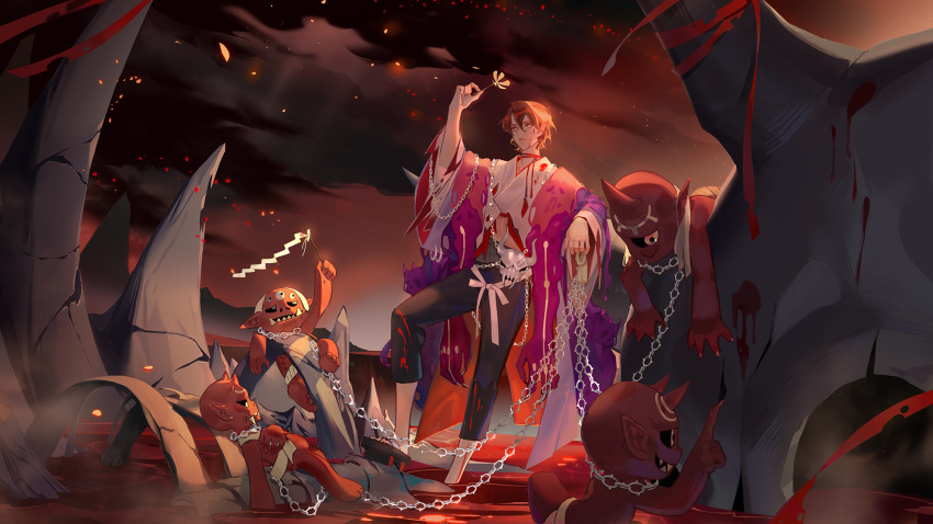 1boy, aerysky, arm_up, bishounen, bone, chain, chain_leash, flower