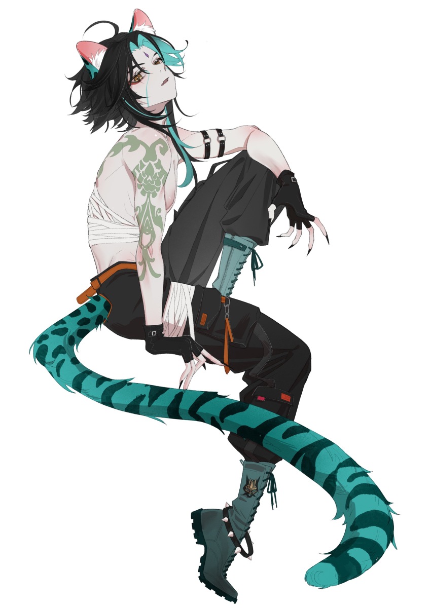 1boy, absurdres, akanbe, alternate_costume, animal_ears, aoma_(xuanzexuexi), arm_tattoo, bishounen