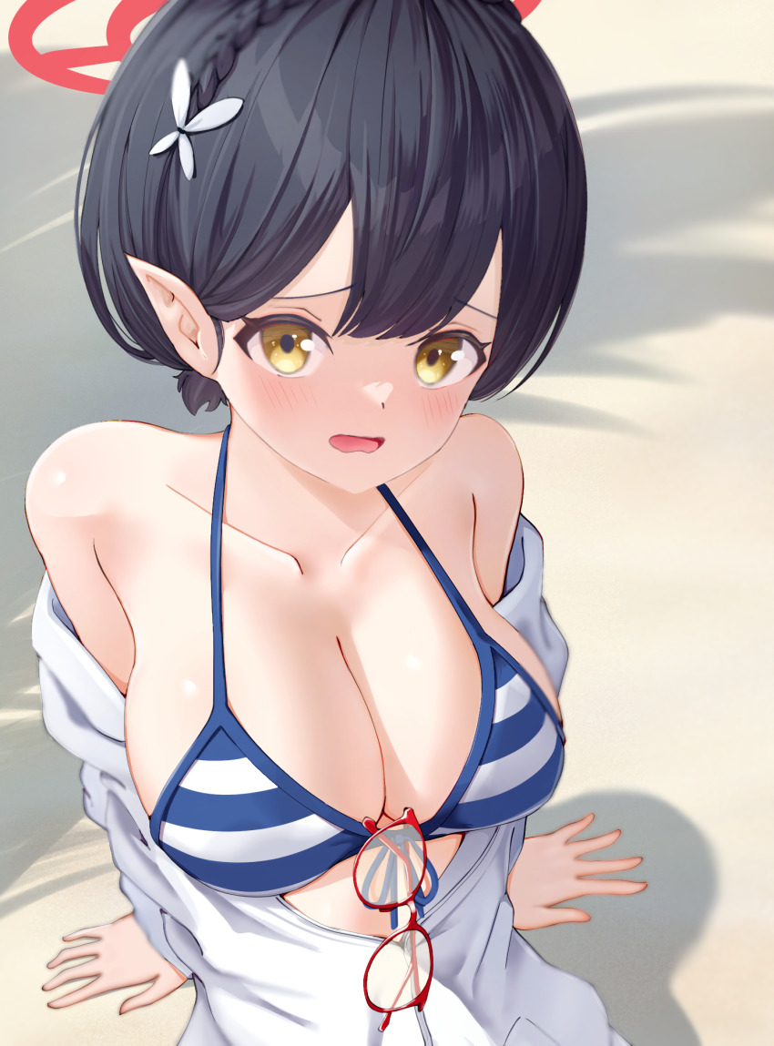 1girl, arm_support, ayane_(blue_archive), ayane_(swimsuit)_(blue_archive), bananafish1111, bare_shoulders, bikini, black_hair, blue_archive, blue_bikini, blush, breasts, cleavage, collarbone, eyewear_hang, eyewear_on_shirt, unworn_eyewear, glasses, glasses_on_shirt, hair_ornament, halo, highres, jacket, large_breasts, looking_at_viewer, off_shoulder, open_mouth, outdoors, pointy_ears, raised_eyebrows, sand, shadow, shirt, short_hair, solo, swimsuit, upper_body, white_jacket, yellow_eyes