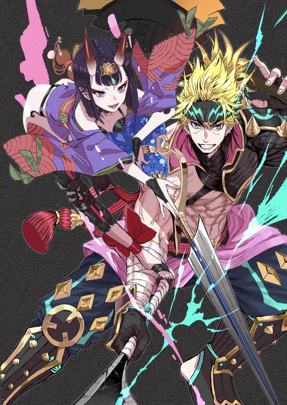 1boy, 1girl, abs, alternate_costume, ankle_ribbon, ass, axe, bandaged_arm, bandages, bare_shoulders, barefoot_sandals_(jewelry), black_background, black_footwear, black_gloves, blonde_hair, blue_eyes, blue_pants, bob_cut, breasts, bridal_gauntlets, chest_harness, commentary, exposed_muscle, eyeliner, fate/grand_order, fate_(series), film_grain, fingerless_gloves, gloves, gourd, harness, headband, headpiece, highres, holding, holding_weapon, horns, igote, japanese_clothes, kimono, leg_ribbon, lightning_bolt_print, long_sleeves, looking_at_viewer, makeup, muscular, muscular_male, obi, official_alternate_costume, oni, open_clothes, open_kimono, pants, purple_eyes, purple_hair, purple_kimono, revealing_clothes, ribbon, sakata_kintoki_(fate), sakata_kintoki_(heian_warrior_attire)_(fate), sash, shin_guards, short_hair, shoulder_spikes, shuten_douji_(fate), simple_background, single_bare_shoulder, skin-covered_horns, small_breasts, smile, spikes, sword, thong, waist_cape, weapon, wide_sleeves, yumeno_ochawan