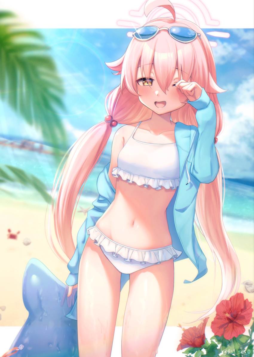 1girl, ahoge, animal_ears, beach, bikini, blue_archive, blurry, blurry_background