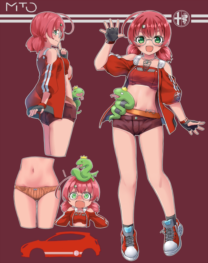 1girl, :d, alfa_romeo_mito, animal, animal_on_head, arm_up, bandeau, belt, black_gloves, blush, bow, bow_panties, breasts, brown_background, brown_panties, brown_shorts, car, closed_mouth, commentary_request, crown, fang, fang_out, fingerless_gloves, glasses, gloves, green_eyes, grey-framed_eyewear, highres, jacket, looking_at_viewer, low_twintails, mini_crown, motor_vehicle, multiple_views, navel, off-shoulder_jacket, off_shoulder, on_head, open_clothes, open_jacket, open_mouth, orange_belt, original, panties, personification, pink_hair, profile, puffy_short_sleeves, puffy_sleeves, red_footwear, red_jacket, round_eyewear, sekira_ame, shoes, short_shorts, short_sleeves, short_twintails, shorts, small_breasts, smile, snake, socks, twintails, underwear, vehicle_and_personification