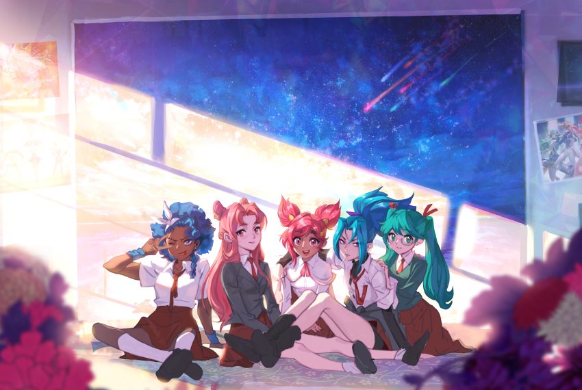 absurdres, akali, alternate_costume, blue_eyes, blue_hair, bouquet, classroom, coat, collared_shirt, crossed_legs, dark-skinned_male, dark_skin, flower, glasses, green_eyes, green_hair, hair_ribbon, highres, jewelry, julia_shii, kai'sa, league_of_legends, long_hair, necktie, pink_eyes, pink_hair, ponytail, poster_(object), purple_eyes, rell_(league_of_legends), ribbon, ring, sandals, school_uniform, shirt, short_hair, sitting, skirt, sky, socks, sona_(league_of_legends), star_(sky), star_(symbol), star_guardian_(league_of_legends), star_guardian_akali, star_guardian_kai'sa, star_guardian_rell, star_guardian_sona, star_guardian_taliyah, starry_sky, sunlight, sunset, taliyah, twintails, v