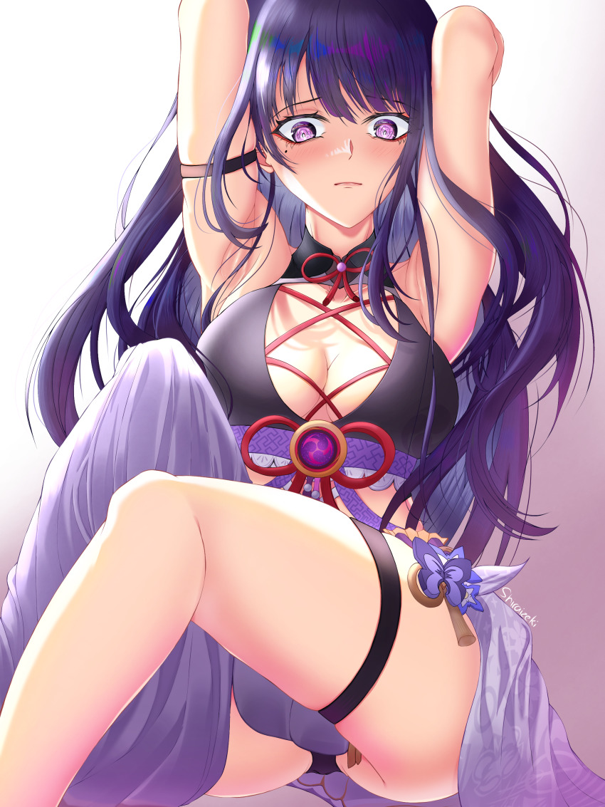 1girl, absurdres, adapted_costume, arm_strap, armpits, arms_behind_head, arms_up, artist_name