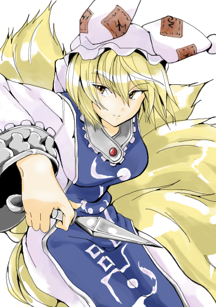 1girl, animal_hat, blonde_hair, brooch, dress, female_focus, frills, gem, hat, holding, holding_weapon, jewelry, kajiki, knife, kunai, long_sleeves, looking_at_viewer, mob_cap, multiple_tails, oekaki, ofuda, short_hair, simple_background, solo, surcoat, tabard, tail, touhou, weapon, white_background, white_dress, wide_sleeves, yakumo_ran, yellow_eyes