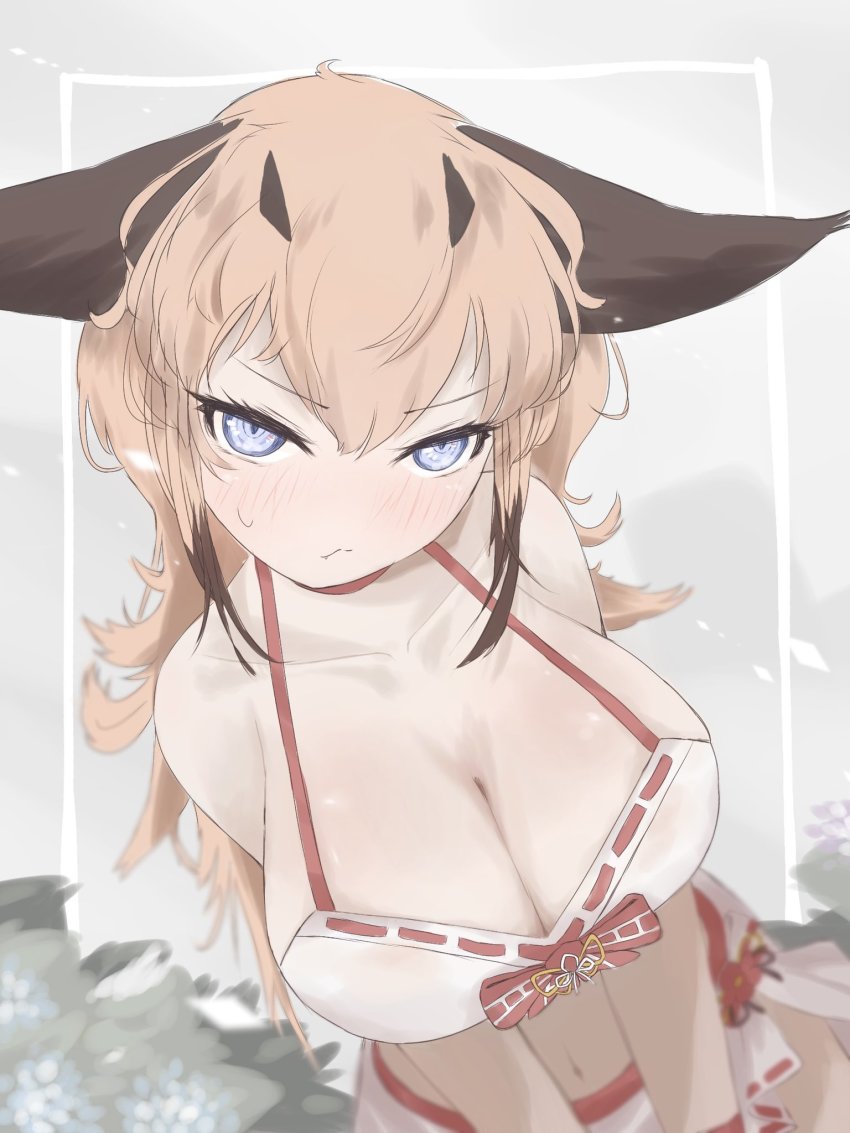 1girl, animal_costume, animal_ear_fluff, animal_ears, bikini, blue_eyes, blush, breasts, caracal_(kemono_friends), caracal_ears, closed_mouth, highres, kemono_friends, large_breasts, long_hair, looking_at_viewer, multicolored_hair, navel, orange_hair, ribbon, sarutori, solo, swimsuit, white_bikini