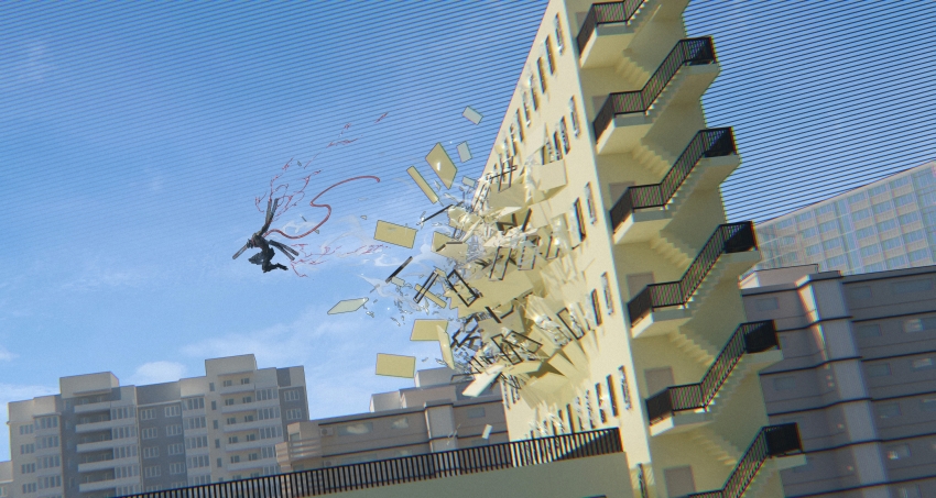 1boy, absurdres, apartment, black_plume, black_skin, blood, blue_sky, broken_glass