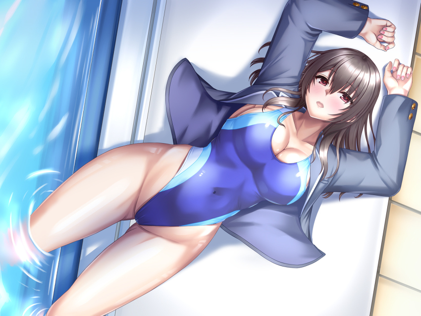 1girl, blazer, blue_jacket, blue_one-piece_swimsuit, breasts, brown_eyes, brown_hair, cleavage, competition_swimsuit, covered_navel, cowboy_shot, highleg, highleg_one-piece_swimsuit, highres, jacket, kozu_rokuta, large_breasts, long_hair, looking_at_viewer, lying, one-piece_swimsuit, open_clothes, open_jacket, original, poolside, soaking_feet, solo, swimsuit, upper_body, water