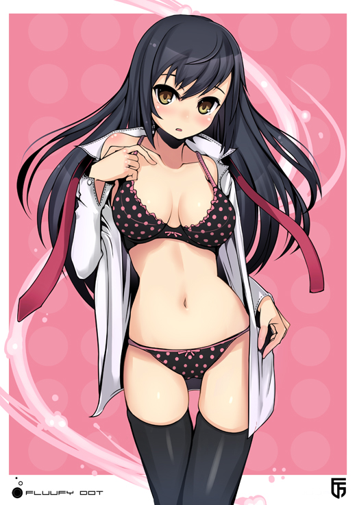 1girl, bad_id, bad_pixiv_id, bikini, black_bra, black_hair, black_panties, blush