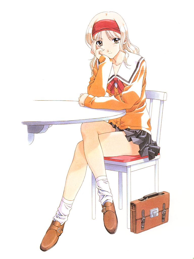 1990s_(style), 1girl, blonde_hair, chair, endou_akira, female_focus, kai_tomohisa, loose_socks, retro_artstyle, school_uniform, sentimental_graffiti, sitting, socks, solo, table