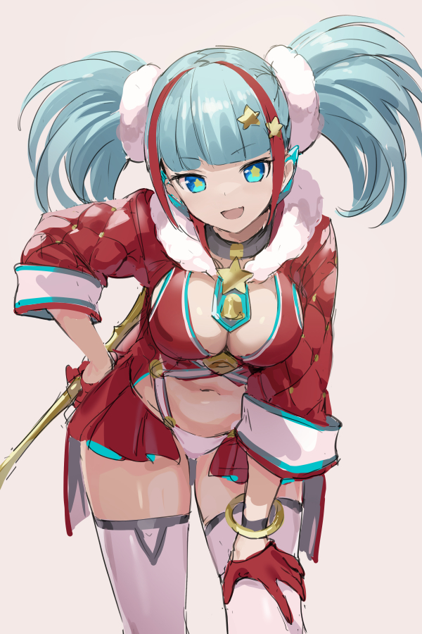 1girl, :d, bell, blunt_bangs, bracelet, breasts, cleavage, coattails, collar, commentary, cowboy_shot, dot_nose, fur_trim, gloves, green_hair, hair_ornament, half_gloves, hand_on_own_hip, hand_on_own_thigh, holding, jewelry, large_breasts, leaning_forward, long_sleeves, menoa_(p&amp;d), midriff, multicolored_hair, navel, neck_bell, open_mouth, original, puzzle_&amp;_dragons, red_gloves, red_hair, red_sleeves, shadow, short_twintails, simple_background, smile, solo, star_(symbol), symbol-shaped_pupils, tailcoat, thighhighs, twintails, two-tone_hair, v-shaped_eyebrows, wamachi_(hamachi_oekaki), white_background, white_thighhighs, wide_sleeves