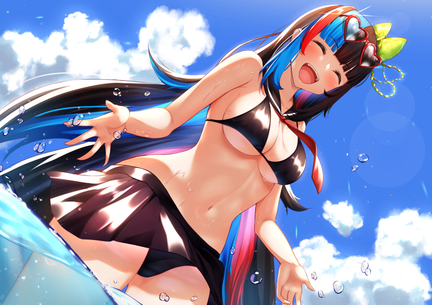 1girl, absurdres, arugou, bikini, bikini_skirt, black_bikini, bow, breasts