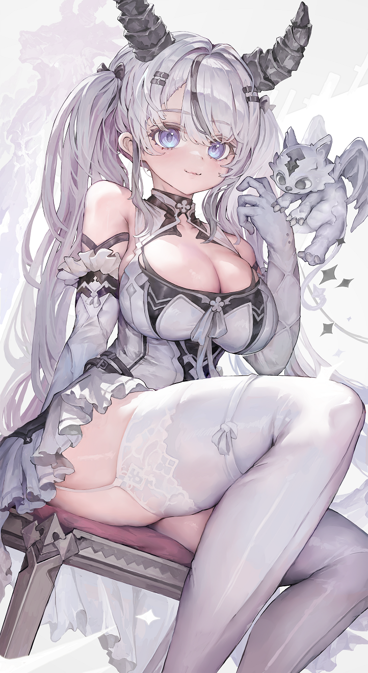 1girl, bare_shoulders, black_horns, black_ribbon, blue_eyes, breasts, chair, cleavage