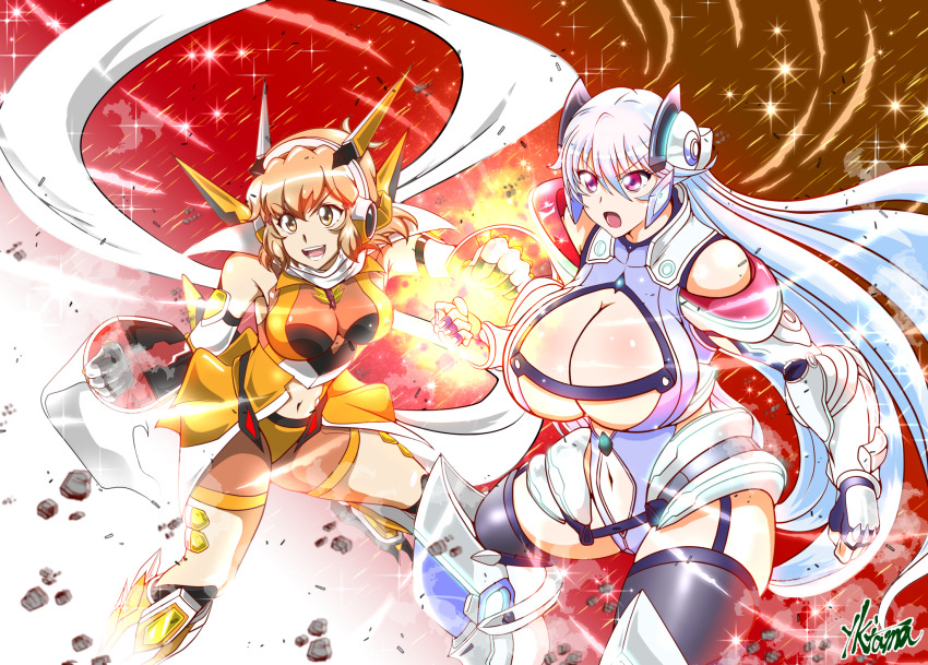 2girls, bare_shoulders, bodysuit, boots, breasts, brown_hair, chidorigafuchi_aine, cleavage_cutout, clothing_cutout, crossover, gauntlets, hair_ornament, headphones, highres, huge_breasts, long_hair, masou_gakuen_hxh, mecha_musume, medium_hair, multiple_girls, navel, navel_cutout, open_mouth, orange_bodysuit, orange_hair, purple_eyes, senki_zesshou_symphogear, short_hair, sidelocks, signature, tachibana_hibiki_(symphogear), thighhighs, very_long_hair, white_hair, yuuki_(gatama)