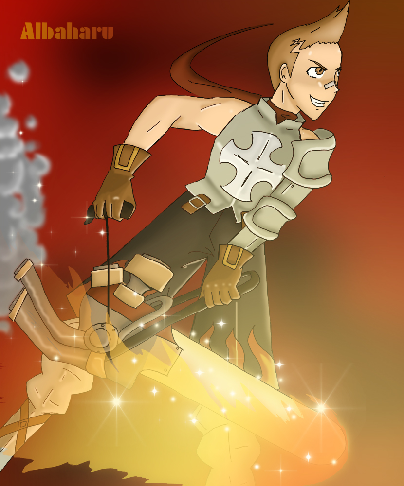 1boy, albaharu, arc_system_works, armor, bandaid, battle_fantasia, boots, brown_eyes, brown_hair, chainsaw, fire, gloves, grin, male_focus, muscular, scarf, short_hair, smile, smoke, solo, standing, urs_van_de_land, warrior