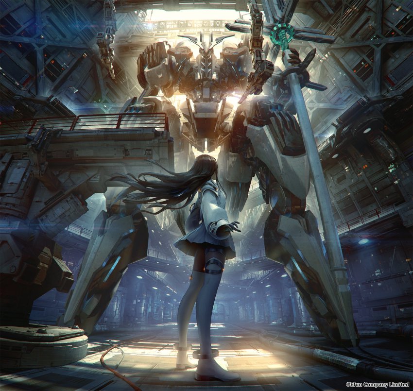 1girl, black_gloves, black_hair, black_pantyhose, cassandra_(quantum_maki), floating_hair, gloves, grey_skirt