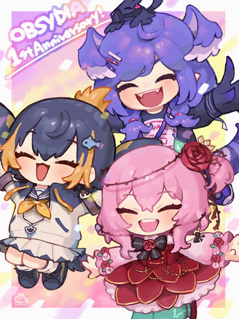 3girls, ^_^, animal, animal_on_head, anniversary, black_footwear, black_hair, black_hoodie