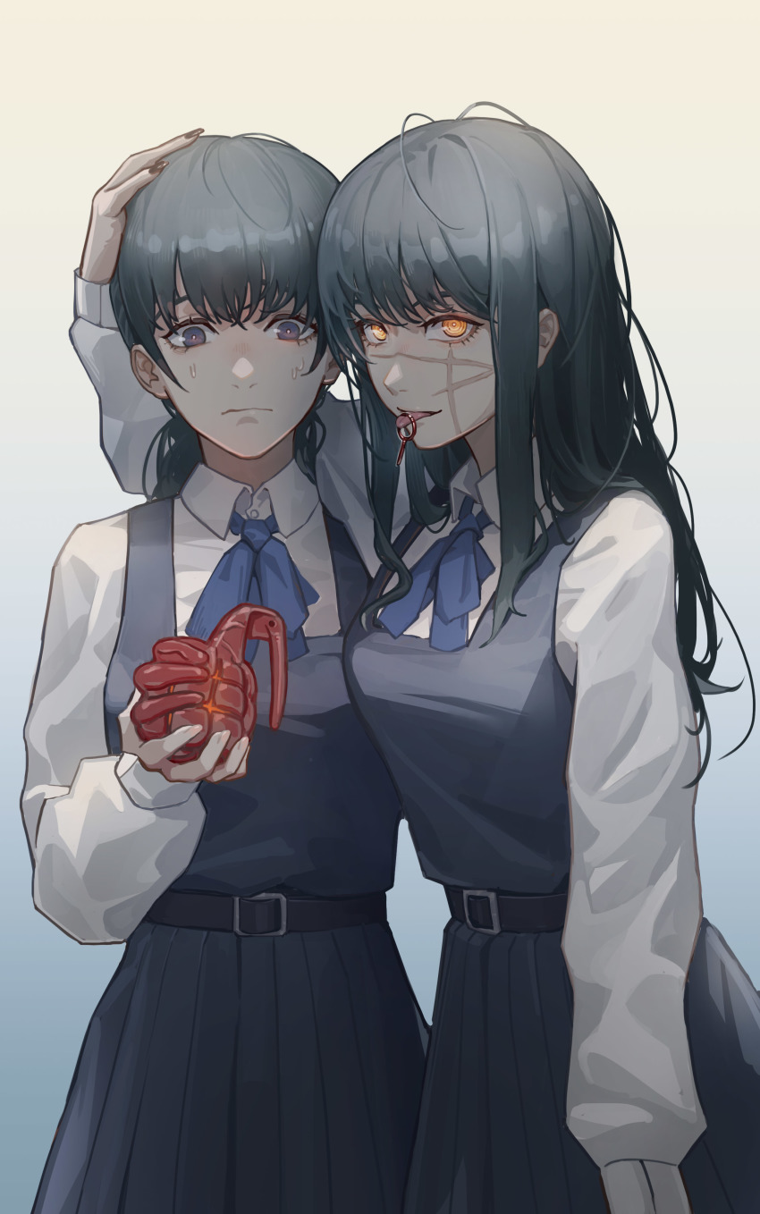 2girls, absurdres, belt, belt_buckle, black_hair, blue_background, blue_dress, blue_eyes