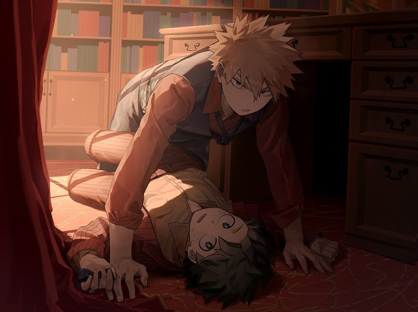 2boys, bakugou_katsuki, black_vest, blonde_hair, boku_no_hero_academia, bookshelf, bow, bowtie, child, collared_shirt, curtains, cut_(nifuhami_35), desk, fighting, freckles, green_eyes, green_hair, highres, holding_necktie, indoors, long_sleeves, lying, male_focus, midoriya_izuku, multiple_boys, necktie, on_back, pants, red_eyes, red_shirt, shirt, spiked_hair, striped_clothes, striped_pants, striped_shirt, table, unworn_bowtie, vest, yaoi