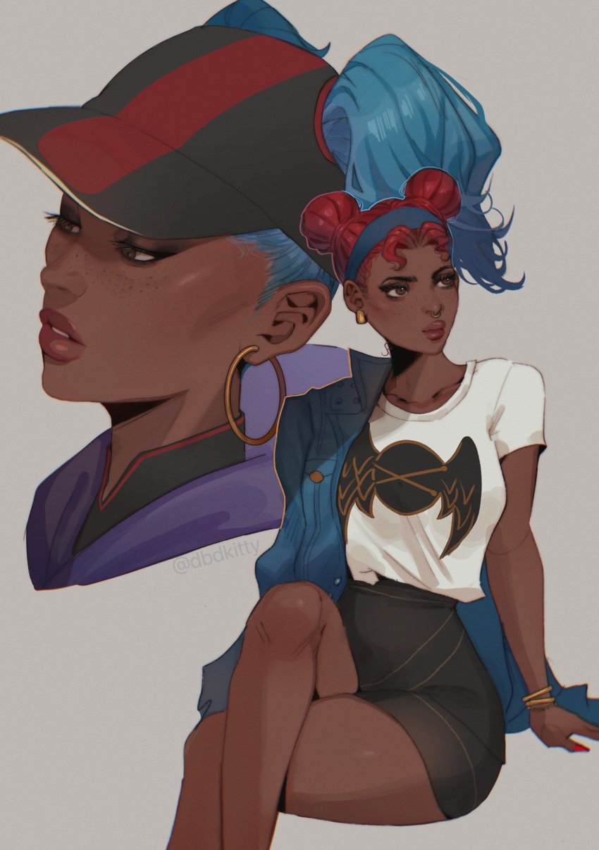 1girl, apex_legends, band_shirt, baseball_cap, black_headwear, black_shorts, blue_hair, blue_jacket, breasts, crossed_legs, dark-skinned_female, dark_skin, double_bun, hair_bun, hat, highres, jacket, kitty_keihara, lifeline_(apex_legends), medium_breasts, merchandise, mischief_medic_lifeline, multiple_views, off_shoulder, official_alternate_costume, parted_lips, red_hair, shirt, shorts, twintails, white_shirt