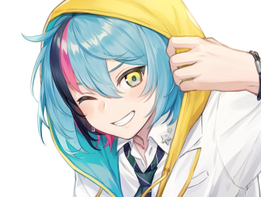 1boy, black_hair, blue_hair, green_eyes, highres, hood, hood_up, hoodie