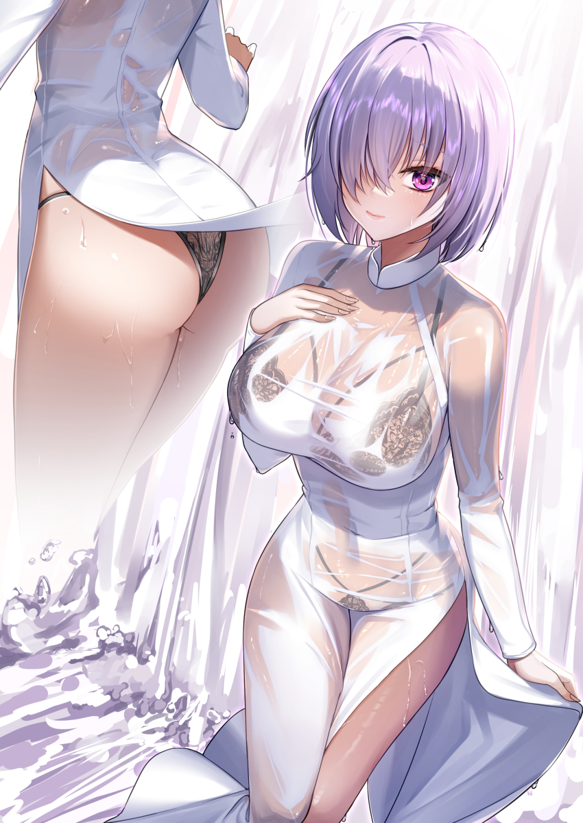 1girl, absurdres, alternate_costume, ao_dai, ass, black_bra, black_panties, bra