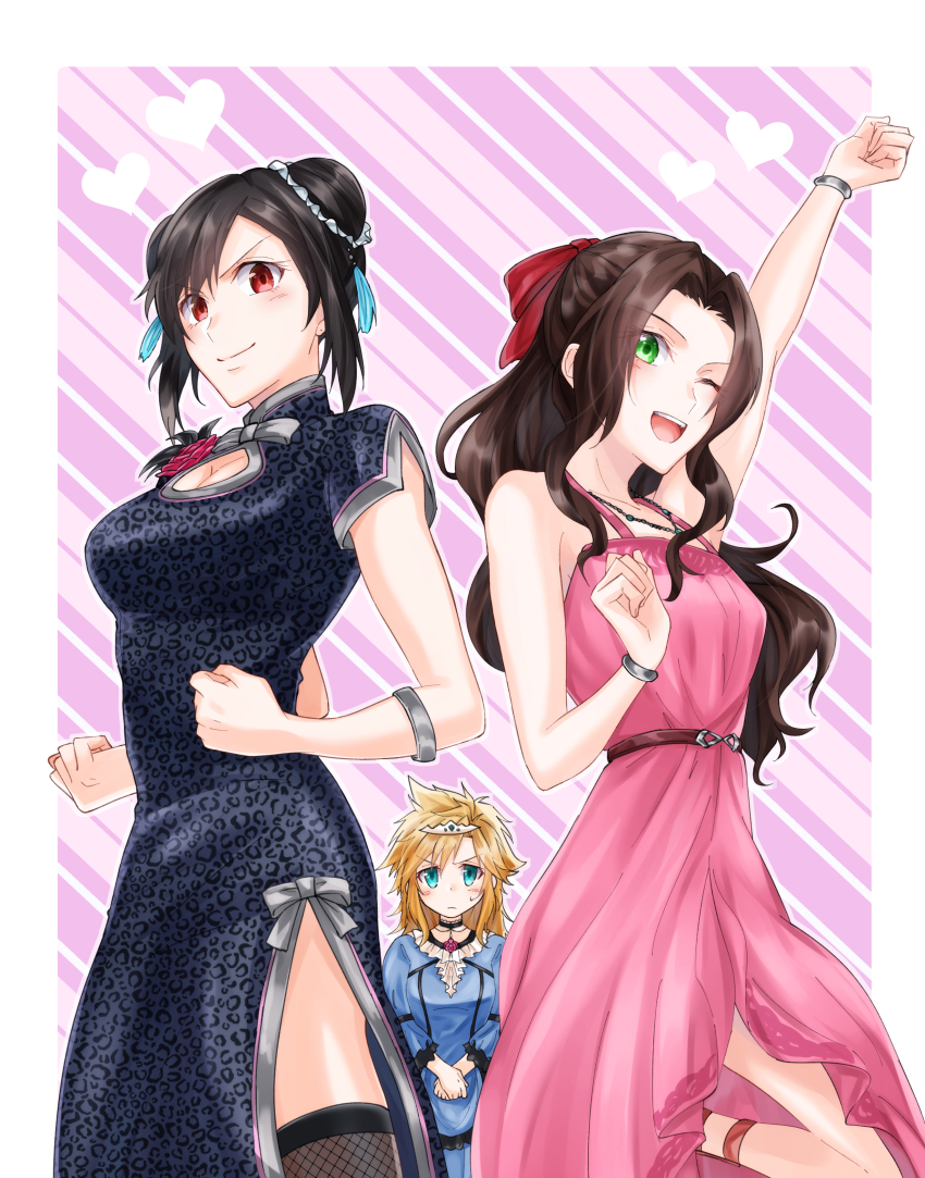 1boy, 2girls, absurdres, aerith_gainsborough, aerith_gainsborough_(ruddy_pink_dress), animal_print, arm_up, bare_shoulders, black_hair, blonde_hair, blue_dress, blue_eyes, blush, bracelet, breasts, brown_hair, china_dress, chinese_clothes, cleavage_cutout, clenched_hands, clothing_cutout, cloud_strife, cloud_strife_(ball_gown), crossdressing, double_bun, dress, final_fantasy, final_fantasy_vii, final_fantasy_vii_remake, green_eyes, hair_bun, highres, jewelry, large_breasts, leopard_print, long_dress, long_hair, looking_at_another, medium_breasts, mizuamememe, multiple_girls, official_alternate_costume, official_alternate_hairstyle, one_eye_closed, own_hands_together, pink_dress, ponytail, red_eyes, side_slit, sleeveless, sleeveless_dress, square_enix, thighhighs, tiara, tifa_lockhart, tifa_lockhart_(sporty_dress), upper_body, wall_market, wink