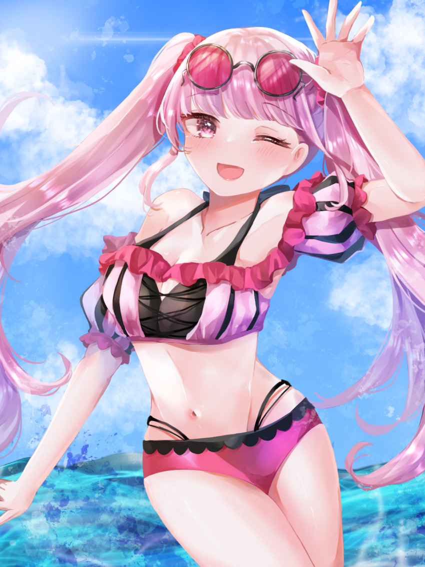 1girl, ;d, bikini, breasts, cleavage, eyewear_on_head, fire_emblem, fire_emblem:_three_houses, fire_emblem_heroes, highres, hilda_valentine_goneril, hilda_valentine_goneril_(summer), karingityou, long_hair, looking_at_viewer, medium_breasts, nintendo, ocean, official_alternate_costume, one_eye_closed, open_mouth, outdoors, pink_bikini, pink_eyes, pink_hair, sky, smile, solo, sunglasses, swimsuit, twintails, very_long_hair, water, waving