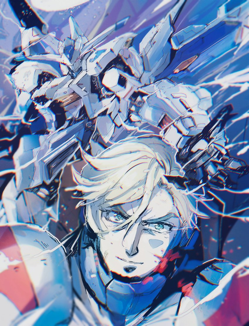 1boy, blonde_hair, blood, blue_eyes, blurry, commentary, gundam, gundam_bael