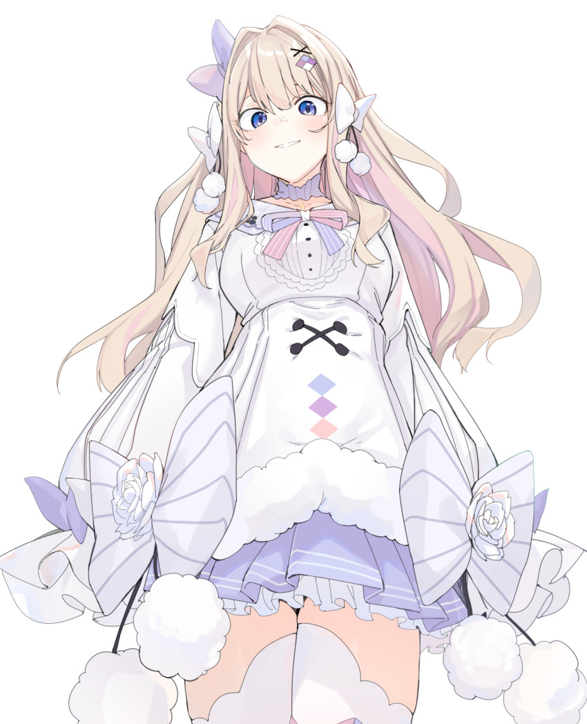1girl, blonde_hair, blue_eyes, blue_skirt, bow, breasts, collarbone, commentary_request, dress, eyebrows_hidden_by_hair, female_focus, fur-trimmed_dress, fur_trim, hair_between_eyes, hair_intakes, hair_ornament, hairclip, highres, indie_virtual_youtuber, long_hair, long_sleeves, looking_at_viewer, medium_breasts, parted_lips, pleated_skirt, puffy_long_sleeves, puffy_sleeves, simple_background, skirt, sleeves_past_fingers, sleeves_past_wrists, smile, solo, striped_bow, thighhighs, uno_ryoku, upper_body, very_long_hair, virtual_youtuber, watagashi_unou, white_background, white_dress, x_hair_ornament