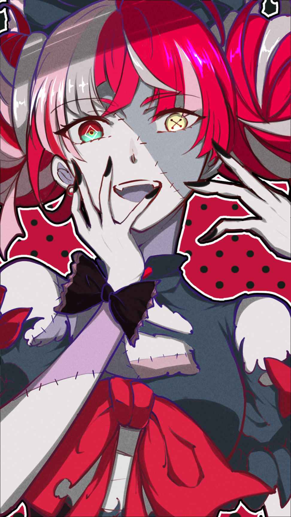 1girl, :d, bare_shoulders, black_bow, black_dress, black_nails, bow, colored_skin, diamond-shaped_pupils, diamond_(shape), double_bun, dress, dress_bow, earrings, fangs, gradient_eyes, green_eyes, grey_hair, grey_skin, hair_bow, hair_bun, hand_on_own_face, hands_up, heterochromia, highres, hizaki_gamma_(artist), hololive, hololive_indonesia, indonesian_commentary, jewelry, kureiji_ollie, looking_at_viewer, mismatched_pupils, mixed-language_commentary, multicolored_eyes, multicolored_hair, multicolored_skin, nail_polish, open_mouth, outline, patchwork_skin, pink_hair, polka_dot, polka_dot_background, red_background, red_bow, red_eyes, red_hair, single_earring, smile, solo, stitched_arm, stitched_face, stitched_torso, stitches, symbol-shaped_pupils, teeth, torn_clothes, torn_dress, two-tone_skin, upper_body, upper_teeth_only, virtual_youtuber, white_outline, white_skin, wrist_bow, x-shaped_pupils, yellow_eyes, zombie