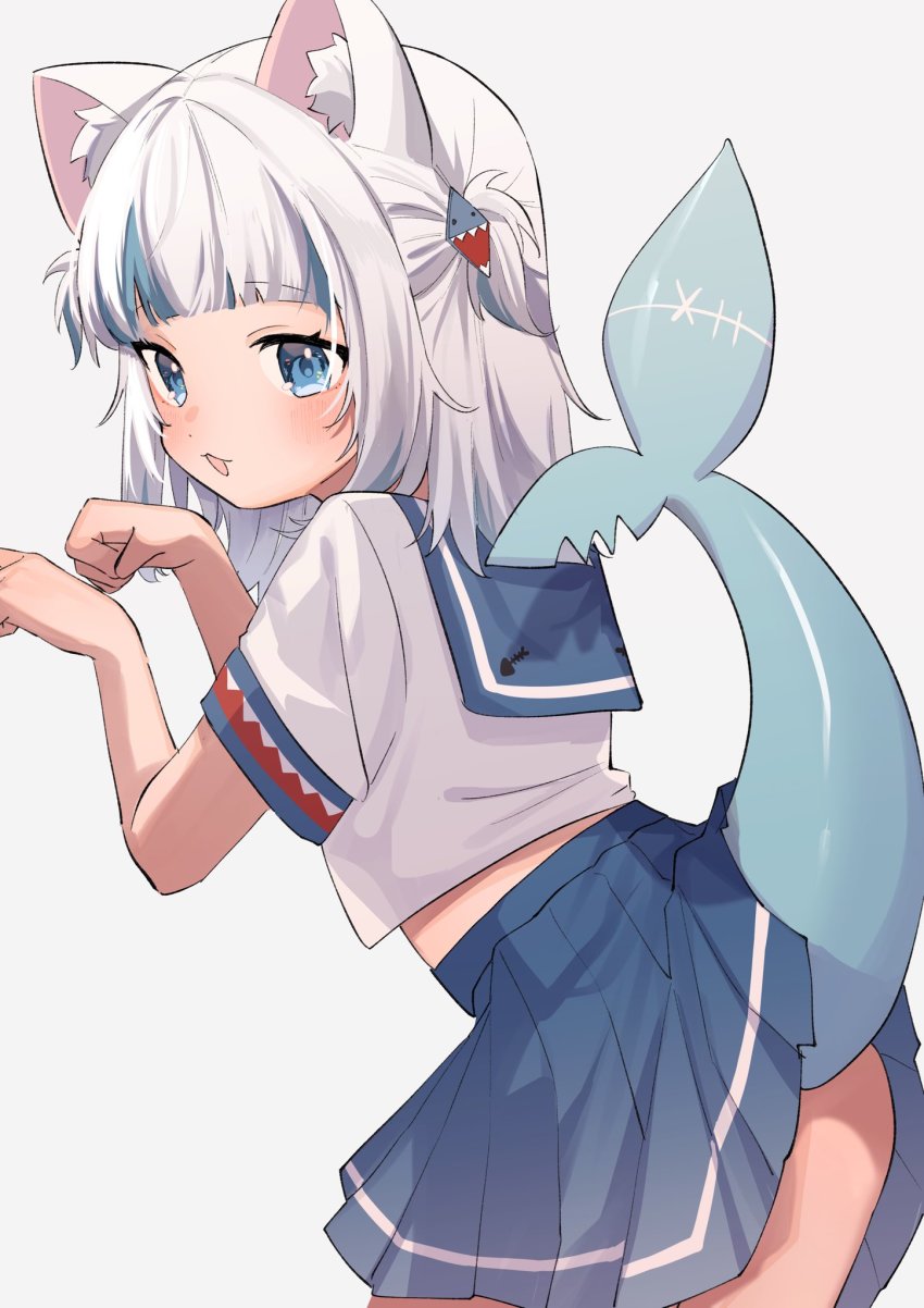 1girl, 852_box, animal_ear_fluff, animal_ears, ass, blue_eyes, blunt_bangs, cat_ears, clothes_lift, fins, fish_tail, gawr_gura, gawr_gura_(casual), hair_ornament, highres, hololive, hololive_english, lifted_by_tail, medium_hair, midriff, multicolored_hair, paw_pose, pleated_skirt, school_uniform, serafuku, shark_tail, skirt, skirt_lift, streaked_hair, tail, virtual_youtuber, white_background, white_hair
