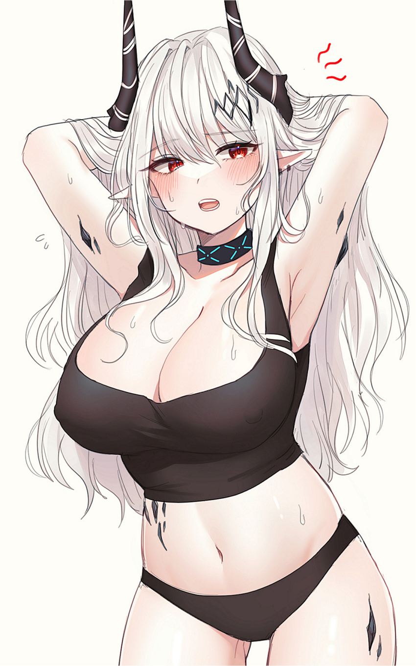 1girl, arknights, armpits, arms_behind_head, arms_up, bad_id, bad_twitter_id, bare_shoulders