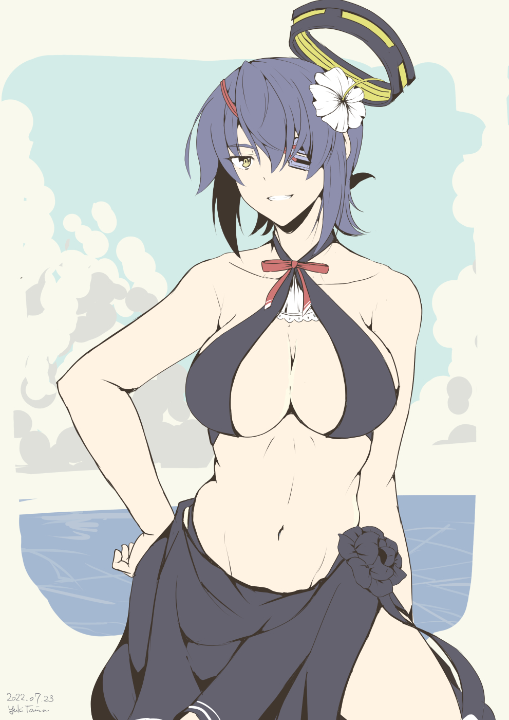 1girl, bikini, black_bikini, black_sarong, breasts, cleavage, cosplay, eyepatch