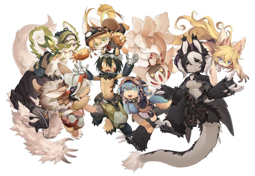 1other, 3boys, 5girls, android, animal_ears, black_eyes, black_hair, blonde_hair, blue_eyes, blue_hair, bondrewd, breasts, brown_hair, claws, extra_arms, faputa, furrification, furry, furry_female, furry_male, glasses, green_eyes, green_hair, hat, helmet, highres, horns, knifedragon, long_hair, lyza_(made_in_abyss), made_in_abyss, maruruk, mask, mechanical_arms, multicolored_hair, multiple_boys, multiple_girls, nanachi_(made_in_abyss), ozen, prushka, prushka_(furry), red_eyes, reg_(made_in_abyss), riko_(made_in_abyss), round_eyewear, slit_pupils, smile, tail, topless_male, trap, two-tone_hair, whiskers, white_background, white_hair, yellow_eyes