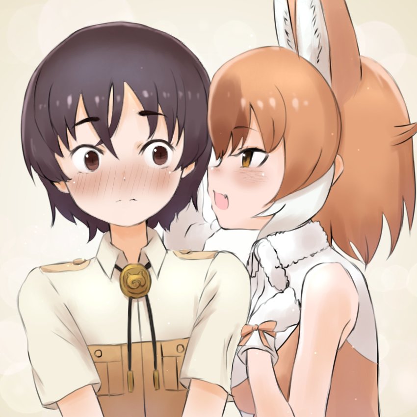 1boy, 1girl, animal_ears, bare_shoulders, blush, brown_eyes, brown_hair, brown_shirt