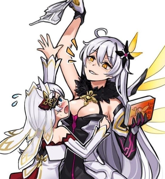 2girls, :d, ahoge, bad_id, bad_pixiv_id, blue_eyes, blush, book