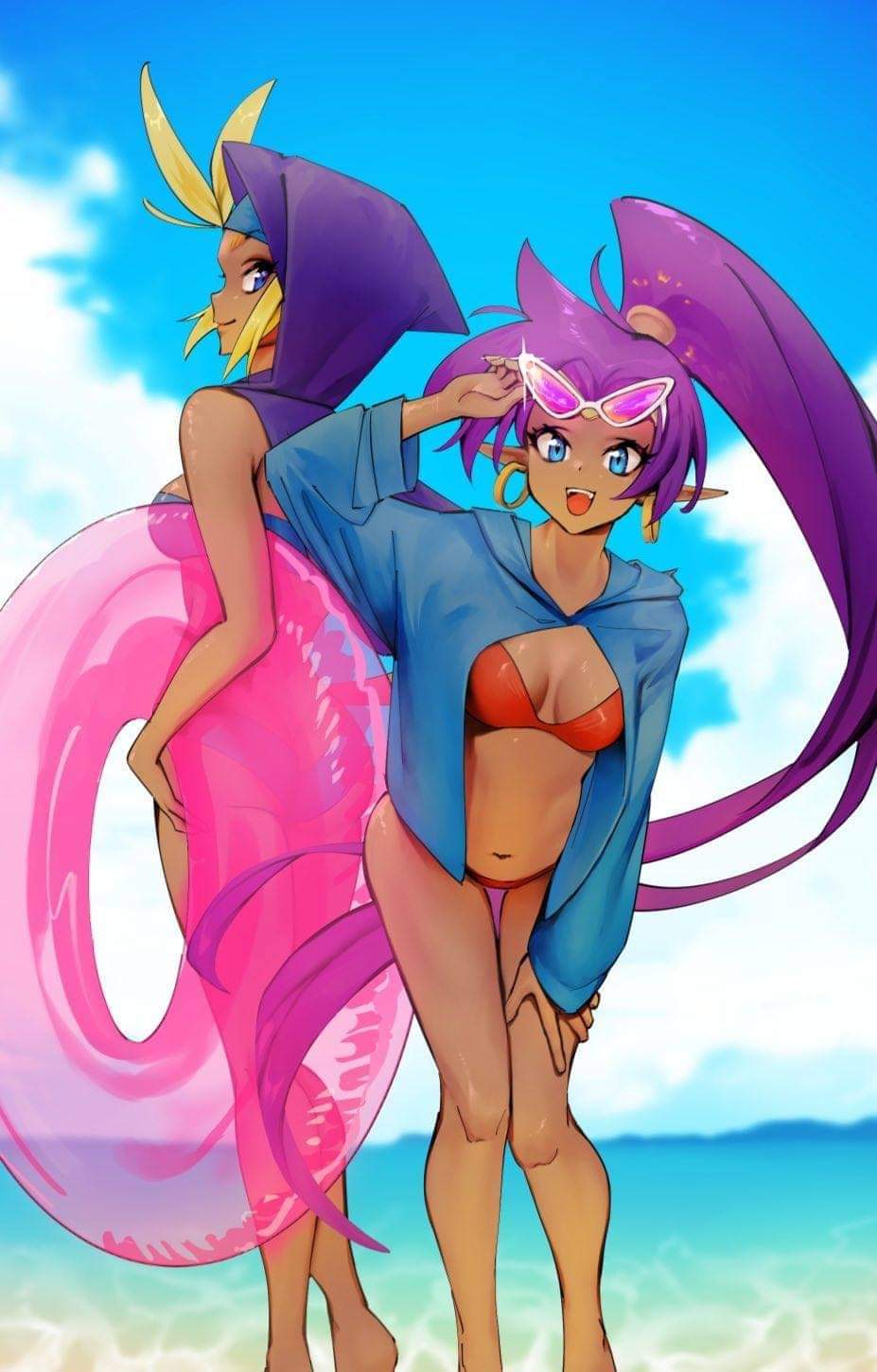 2girls, ahoge, antenna_hair, artist_request, ass, bare_shoulders, beach_day_shantae, bikini