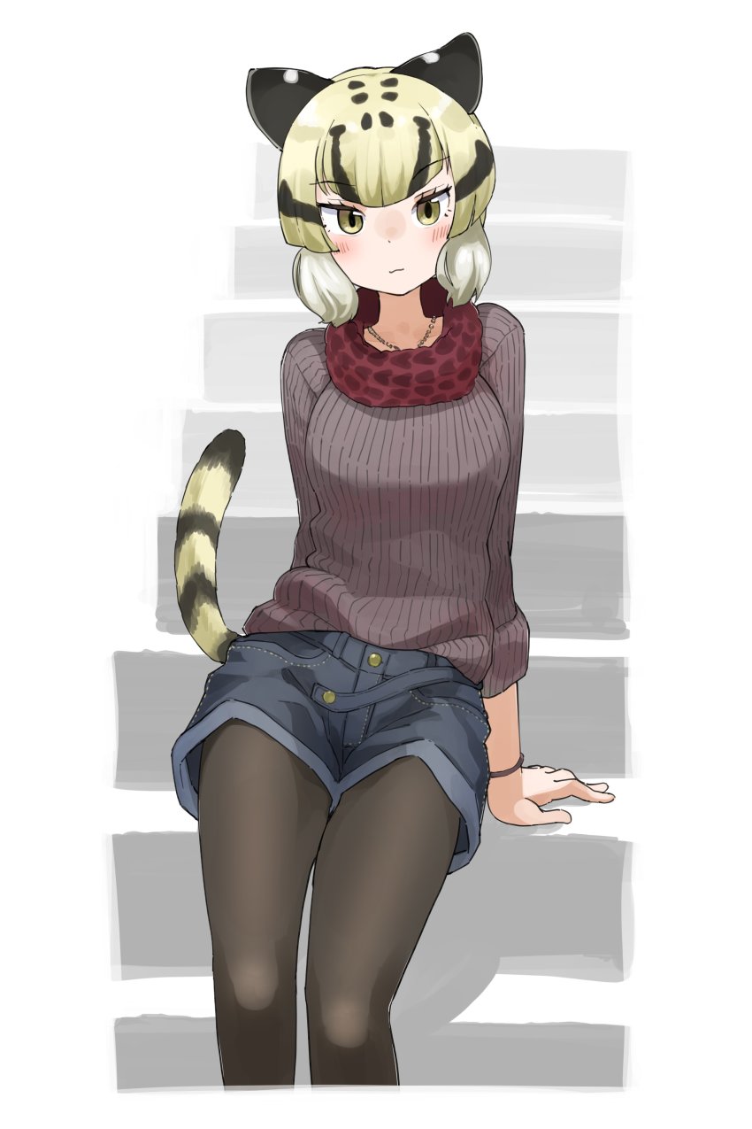 1girl, absurdres, alternate_costume, animal_ears, animal_print, black_pantyhose, blonde_hair, blush