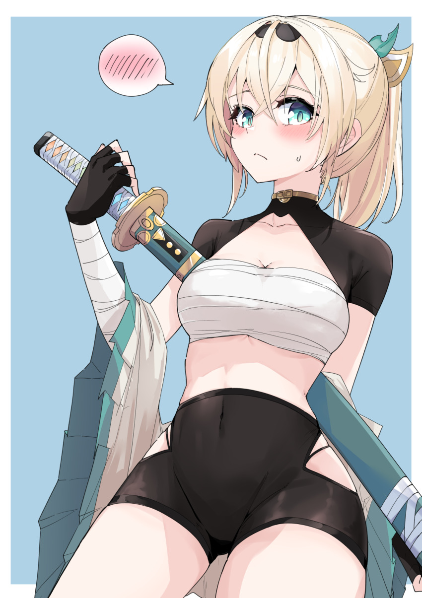 1girl, aqua_eyes, bike_shorts, blonde_hair, blue_background, blush, chest_sarashi, covered_navel