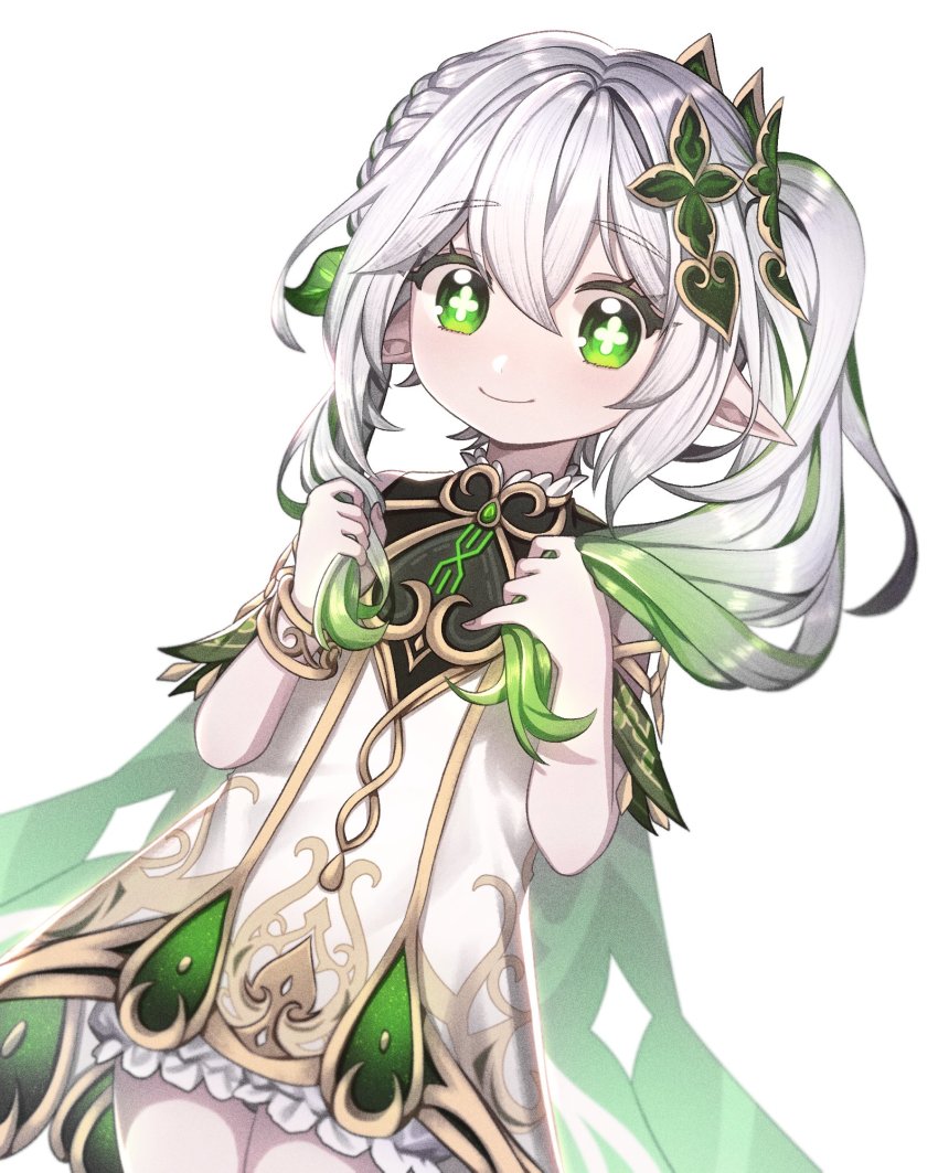 1girl, appleheart04, bracelet, cape, child, commentary_request, cross-shaped_pupils, dress, genshin_impact, gradient_hair, green_cape, green_eyes, hair_ornament, highres, holding, holding_own_hair, jewelry, korean_commentary, leaf_hair_ornament, multicolored_hair, nahida_(genshin_impact), nature, pointy_ears, side_ponytail, smile, solo, symbol-shaped_pupils, white_dress, white_hair
