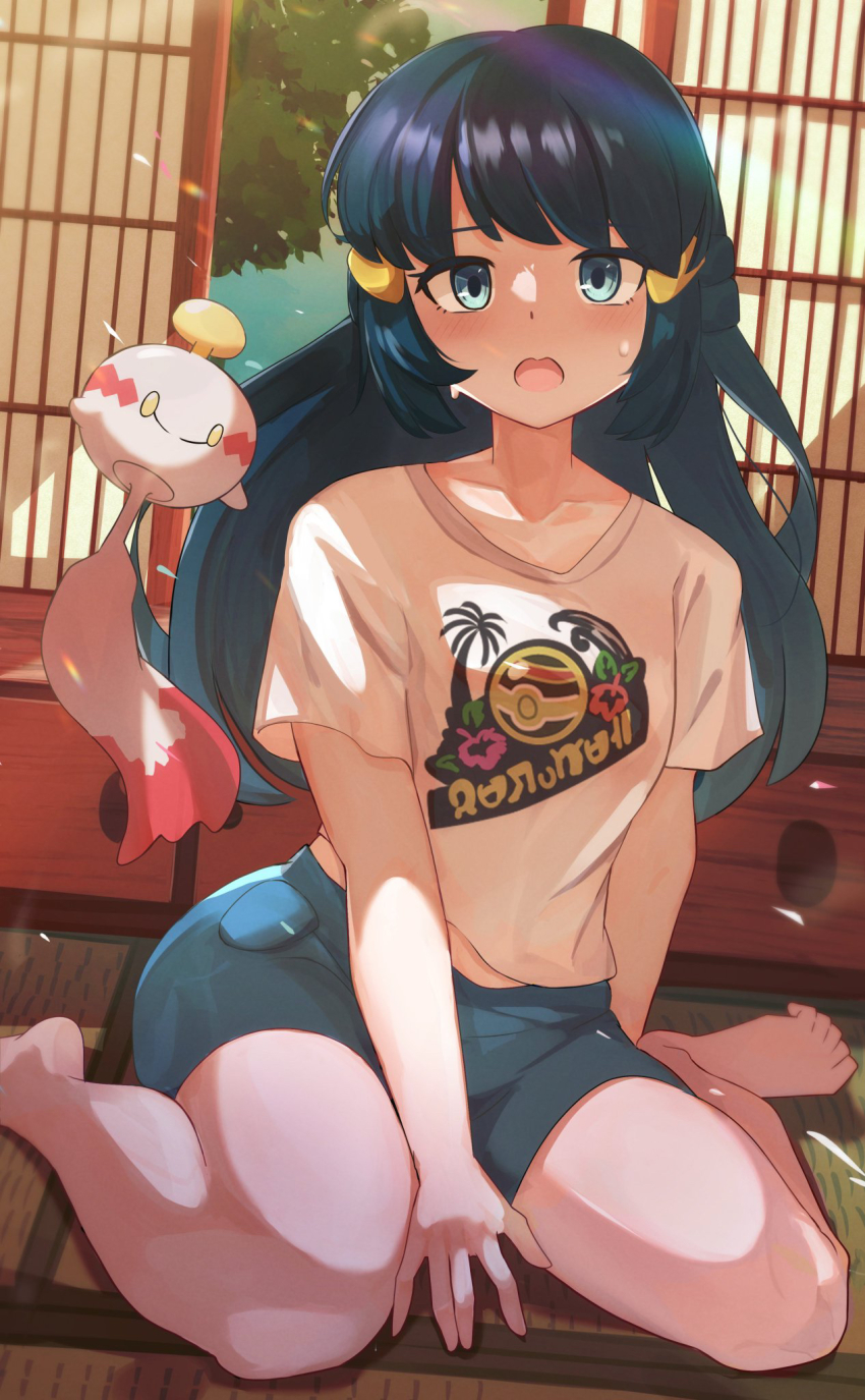 1girl, akari_(pokemon), barefoot, blue_eyes, breasts, chimecho, collarbone, commentary_request