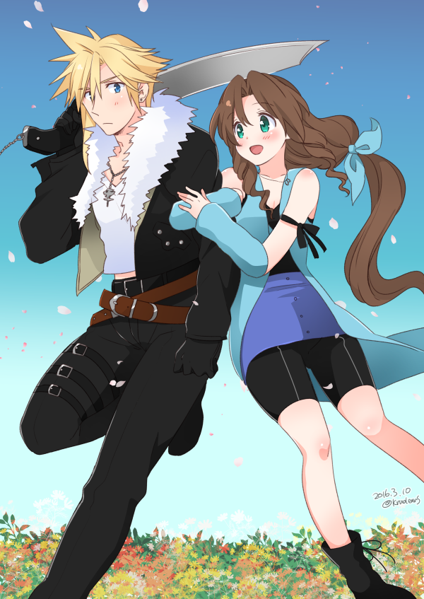 1boy, 1girl, aerith_gainsborough, arm_ribbon, arm_warmers, bad_id, bad_pixiv_id, bare_shoulders, belt, black_footwear, black_gloves, black_jacket, black_pants, black_ribbon, black_shorts, blonde_hair, blue_arm_warmers, blue_cardigan, blue_ribbon, blue_skirt, blush, boots, breasts, brown_hair, buttons, cardigan, cleavage, cloud_strife, cosplay, couple, cropped_jacket, earrings, field, final_fantasy, final_fantasy_vii, final_fantasy_viii, flower, flower_field, fur_trim, gloves, green_eyes, gunblade, hair_between_eyes, hair_ribbon, holding_another's_arm, jacket, jewelry, krudears, leg_up, long_hair, long_sleeves, loose_belt, low-tied_long_hair, medium_breasts, midriff_peek, multiple_belts, necklace, open_mouth, outdoors, over_shoulder, pants, parted_bangs, ribbon, rinoa_heartilly, rinoa_heartilly_(cosplay), shirt, short_hair, shorts, sidelocks, single_earring, skirt, sleeveless, sleeveless_shirt, smile, spiked_hair, squall_leonhart, squall_leonhart_(cosplay), square_enix, thigh_strap, upper_body, wavy_hair, weapon, weapon_over_shoulder, white_shirt