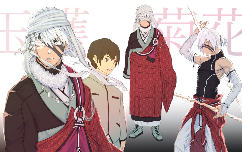 2boys, arm_up, bare_shoulders, blindfold, blood, bloody_tears, bridal_gauntlets, brown_hair