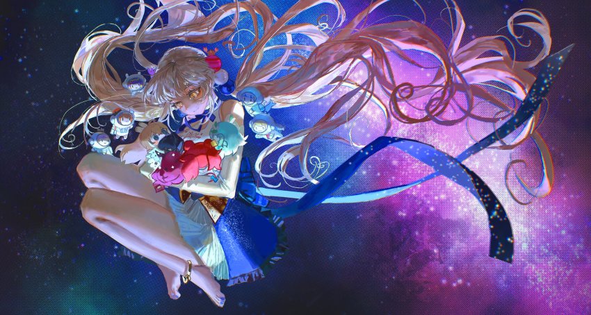 6+girls, anklet, astronaut, barefoot, blonde_hair, blue_bow, blue_hair, blue_leotard