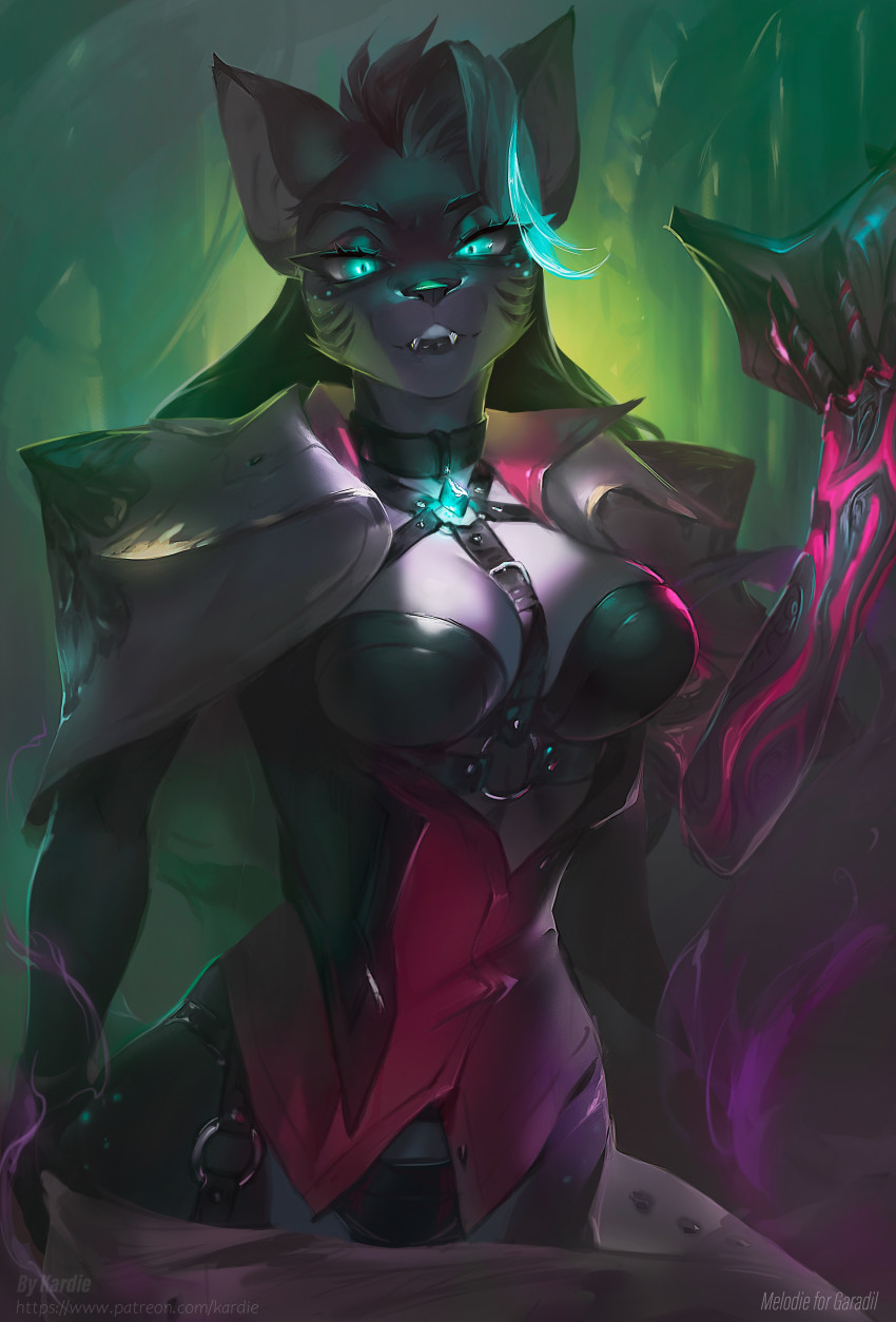 1girl, absurdres, artist_name, breasts, colored_skin, commentary_request, cosplay, cowboy_shot, facial_mark, fangs, forehead, furry, furry_female, green_eyes, hand_up, highres, kardie, large_breasts, league_of_legends, long_hair, looking_at_viewer, o-ring, on_shoulder, outdoors, parted_lips, patreon_username, purple_skin, renata_glasc, solo, tree, v-shaped_eyebrows, whisker_markings