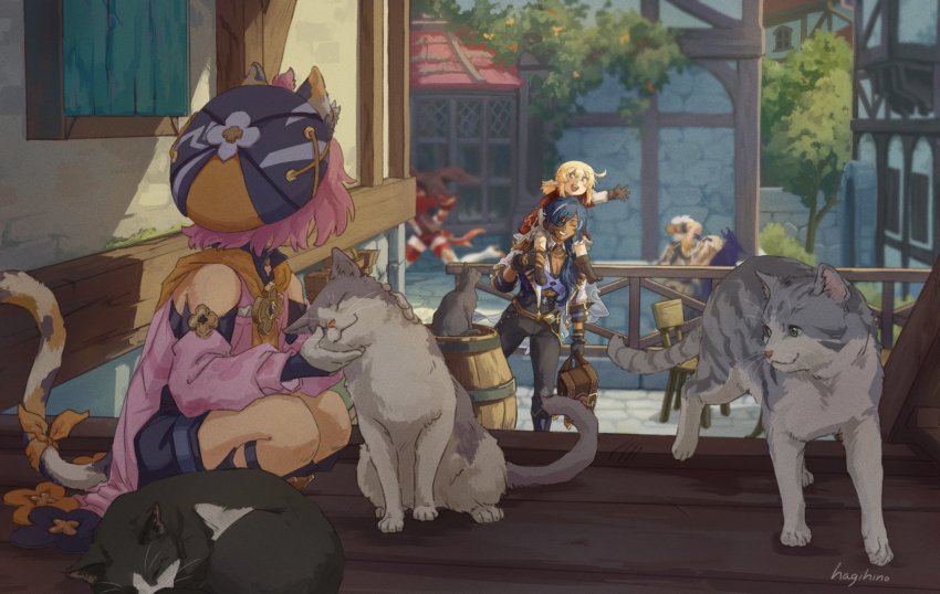 2boys, 4girls, amber_(genshin_impact), animal_ear_fluff, animal_ears, artist_name, backpack, bag, bare_shoulders, barrel, bennett_(genshin_impact), bird, black_pants, blonde_hair, blue_hair, boots, brown_gloves, brown_hair, building, cat, cat_ears, commentary, dark-skinned_male, dark_skin, diona_(genshin_impact), eyepatch, fischl_(genshin_impact), floating_hair, from_side, genshin_impact, gloves, hagihino, hair_between_eyes, hat, high_heel_boots, high_heels, highres, holding, kaeya_(genshin_impact), klee_(genshin_impact), long_sleeves, looking_at_another, motion_blur, multicolored_hair, multiple_boys, multiple_girls, open_mouth, outstretched_arm, oz_(genshin_impact), pants, pink_hair, pointy_ears, short_shorts, shorts, slice_of_life, smile, squatting, standing, streaked_hair, untranslatable_commentary, teeth, thighs, tree, upper_teeth_only, wooden_floor