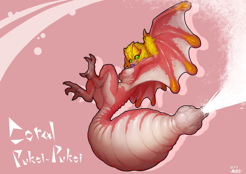 +_+, 1girl, 2019, alternate_color, animal_feet, artist_name, blonde_hair, claws, colored_sclera, colored_skin, colored_tongue, completely_nude, dated, digitigrade, dragon, dragon_girl, dragon_wings, flying, full_body, green_sclera, highres, legs_up, looking_at_viewer, monster_girl, monster_hunter:_world, monster_hunter_(series), muhut, nude, personification, pink_background, pink_skin, pink_wings, pukei-pukei, purple_tongue, short_hair, solo, tail, tongue, tongue_out, winged_arms, wings, wyvern, yellow_eyes