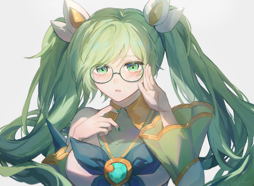 1girl, :o, bare_shoulders, black-framed_eyewear, bow, bowtie, breasts, collared_shirt, detached_sleeves, gem, green_bow, green_bowtie, green_hair, grey_background, hair_ornament, hands_up, highres, kaedetou, large_breasts, league_of_legends, long_hair, long_sleeves, open_mouth, round_eyewear, shirt, simple_background, sona_(league_of_legends), star_guardian_sona, twintails