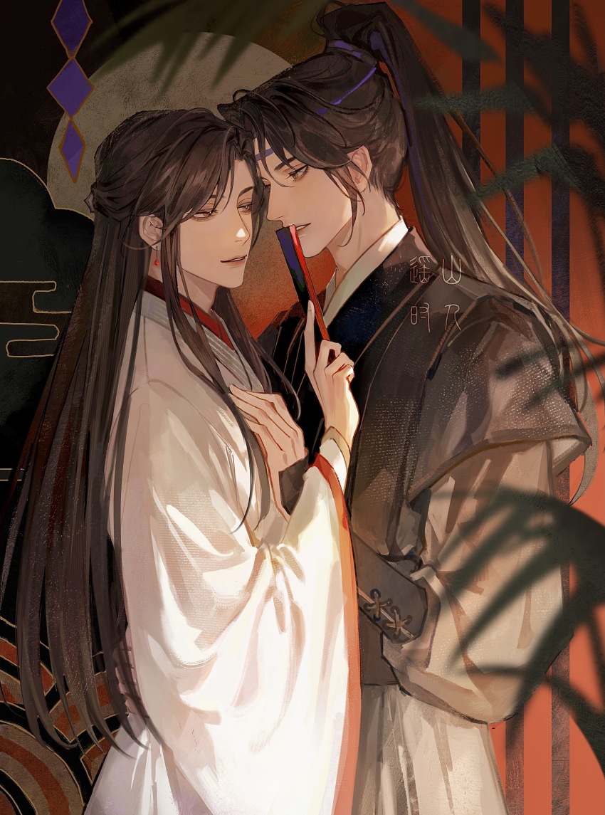 2boys, absurdres, architecture, bamboo, blurry, brown_hair, chinese_clothes, couple